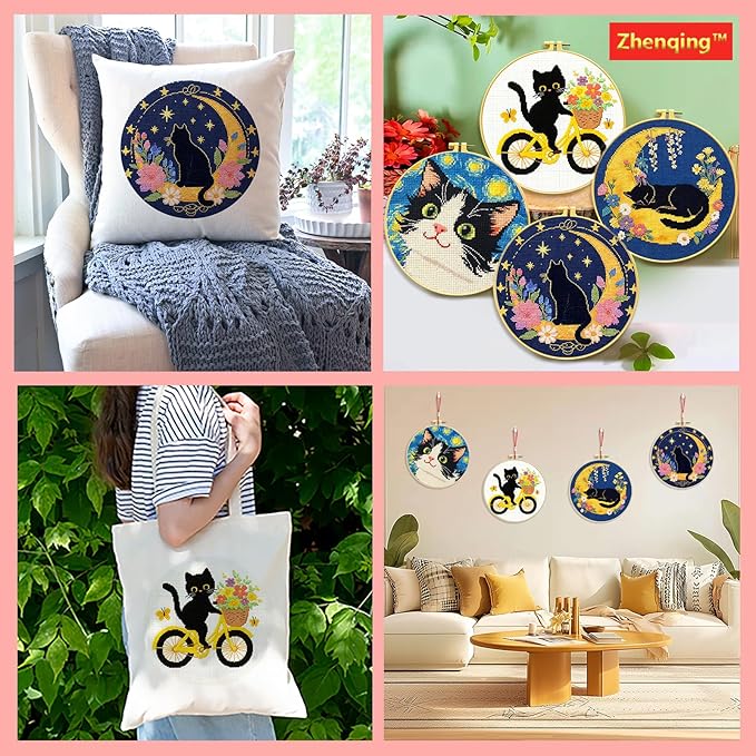 Zhenqing Cat Stamped Cross Stitch Kits for Adults Beginners, DIY Animals Cross Stitch Patterns Kits Printed Needlepoint Kits,Crafts Embroidery Kits for Home Decor-Cat-Themed 4-Piece Set(69207)