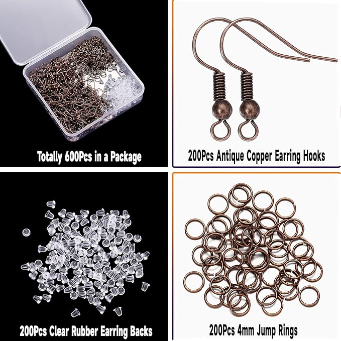 600Pcs Hypoallergenic Earring Hooks, Red Copper Earring Making Kit, Supplies with Earring Backs and Jump Rings for Jewelry Making (Red Copper)