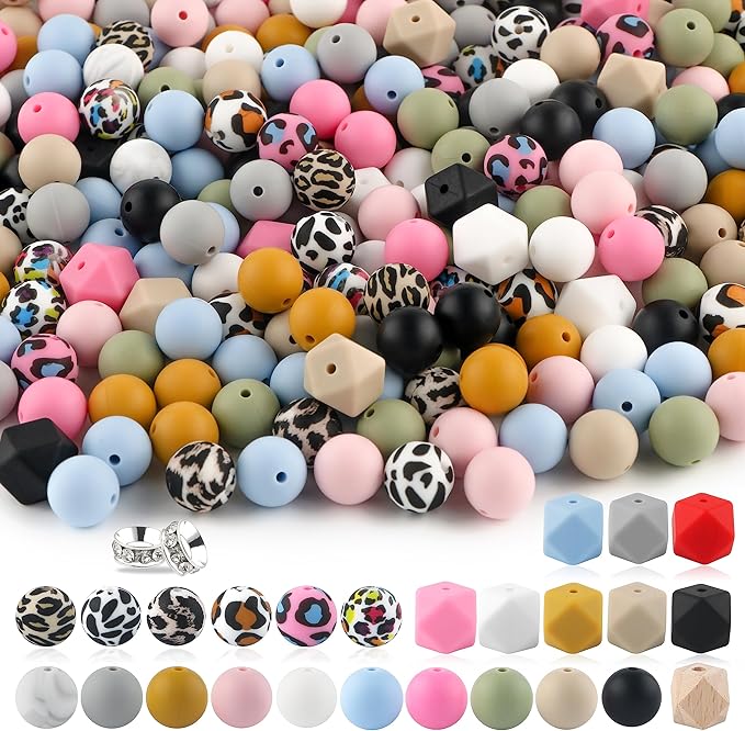 Sunrony 150pcs Silicone Beads for Keychain Making Bracelet Decoration and 15mm Silicone Beads for Pens (Leopard)