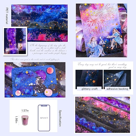 Star PET Tape Stickers for Scrapbooking Supplies,6 Rolls of Holographic Starry Sky Themed Decorative Tape Stickers for Journaling, Junk Journal Supplies, DIY Crafts(Ripple)
