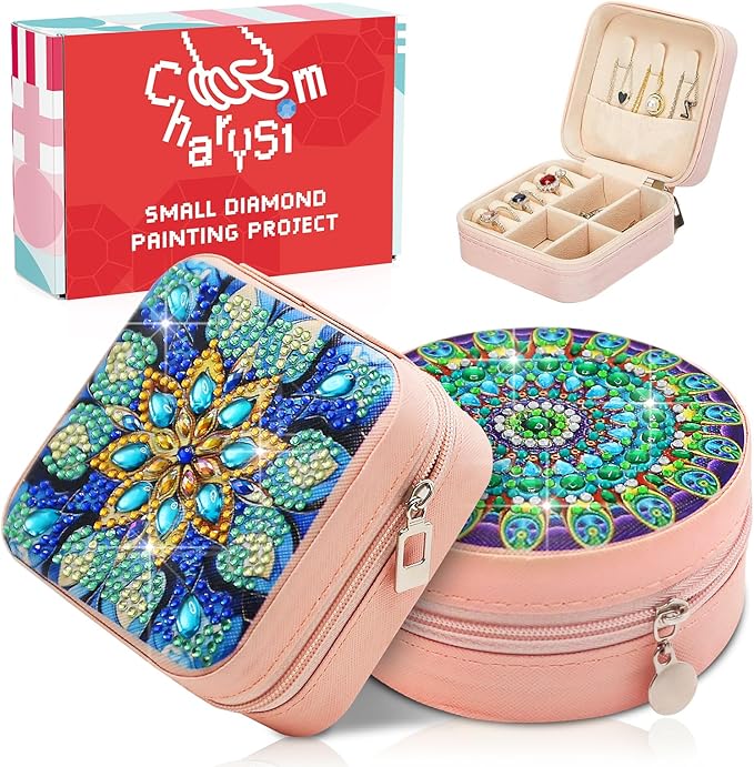CharySim 2 PC Diamond Art Jewelry Boxes Kits for Adults Women Gifts with Paint by Gem Dots Crafts Kits for Birthday Gift for Women Mother Day (Mandral Blue)