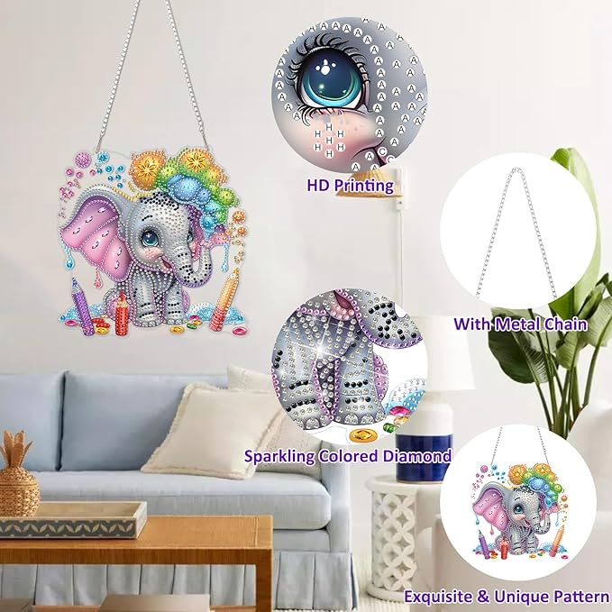 DOMROM Elephant Diamond Art Hanging Kits for Adults, Special Shaped Crystal Diamond Painting Elephant Pendant, DIY Diamond Art Suncatchers Animal for Home Garden Wall Decor Gift