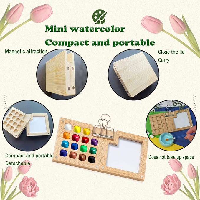 Mini Watercolor Paint Set Bamboo Travel Kit with Watercolor Palette Paintbrush Storage Bag and Water Storage Bottle Ready to Use Watercolor Sets for Artists and Beginners（15 Squares）