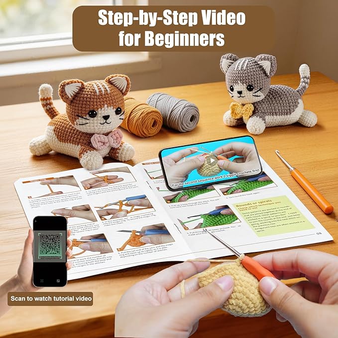 AI.QVOKA Crochet Kit for Beginners Kids Ages 8-12, Learn to Crochet Kit for Adult Beginners | Cat Crochet Animal Kit with Step-by-Step Video Tutorials – Perfect Crochet Gifts for Girls (2 Pack)