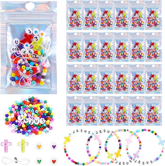Tondiamo 24 Pack Christian Bead Bracelet Kits with Jesus Letter Beads, Heart Beads & Elastic Strings Religious Jesus Bible Crafts for Church Events, Sunday & Personal Crafting
