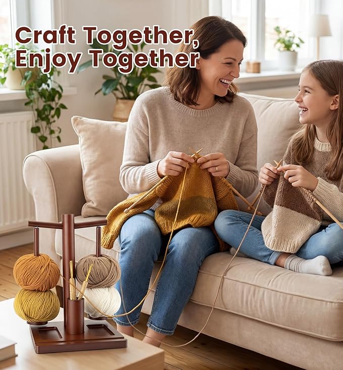 OrbitShell 2-in-1 Yarn Holder for Crocheting and Knitting, Dual Spindle Magnetic Yarn Spinner with Portable Wrist & Shoulder Strap, Wooden Yarn Minder for Home & Travel Use, Crochet Gifts for Crafters