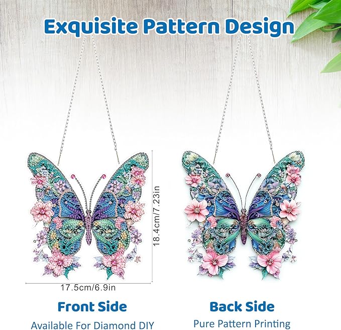 MEIYUDA Butterfly Diamond Painting Pendant Kits, DIY Butterfly and Flowers Diamond Art Window Hanging Ornament for Adults, 5D Special Shape Rhinestone Pendant for Home Decoration
