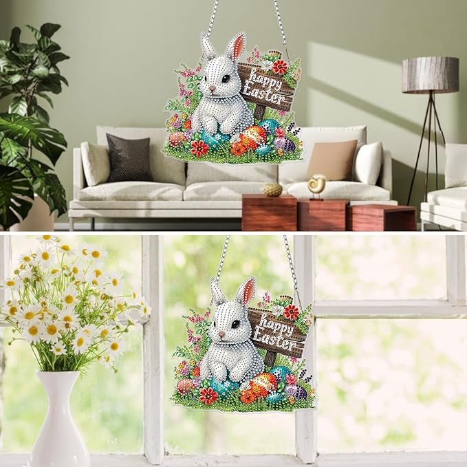 MXJSUA Diamond Art Hanging Kits for Adults Beginners, DIY Acrylic 5D Special Shaped Crystal Diamond Gem Art Painting Hanging Ornament for Home Wall Decor and Gift (White Easter Bunny)