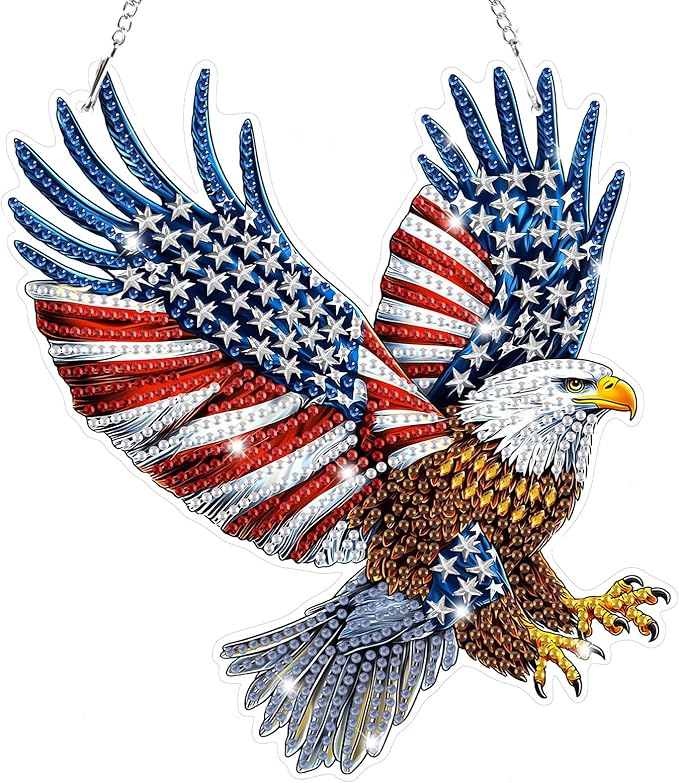 Bowetile Bald Eagle 5D Diamond Art Hanging Kits for Adults, American Flag Diamond Painting Window Pendant Kits, Special Shape Patriotism Gem Art Suncatchers Ornament for Home Garden Wall Decor