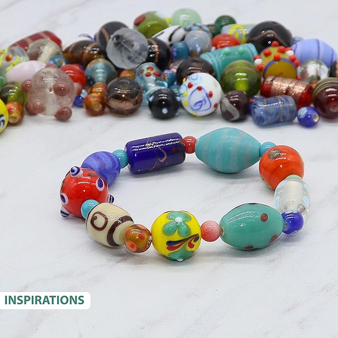 Fun-Weevz Assorted Glass Beads for Jewelry Making Adults, Bulk Glass Beads for Crafts, Lampwork Murano Bead Mix for Bracelets and Necklaces, Crafting Beads Supplies Kit, Large & Small Beads