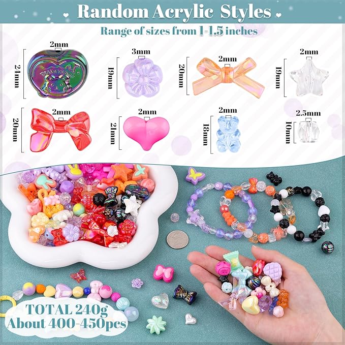 400-450PCS TINKRSTUFF Assorted Acrylic Beads, 6 Mixed Colors Cute Beads for Bracelet Making, Bow Flower GummyBear Kawaii Charms, Aesthetic Beadfor Necklace Keychain Jewelry Making DIY Phone Charm