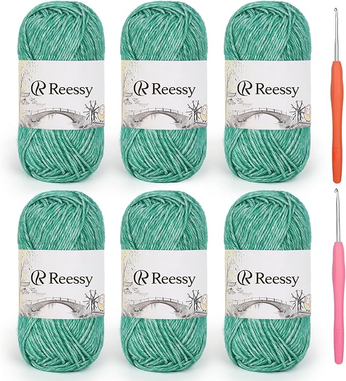 Cotton Yarn for Crocheting - 6 Pack of 50g/1.76oz–78% Cotton, 22% Acrylic – Soft Sport Weight Crochet Yarn (CYC #2), Brushed Air Yarn for Baby Projects, Granny Squares & Plush Toys（Green）