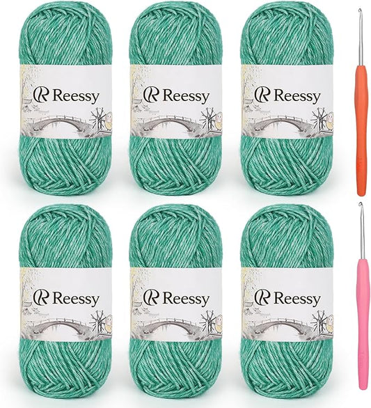 Cotton Yarn for Crocheting - 6 Pack of 50g/1.76oz–78% Cotton, 22% Acrylic – Soft Sport Weight Crochet Yarn (CYC #2), Brushed Air Yarn for Baby Projects, Granny Squares & Plush Toys（Green）