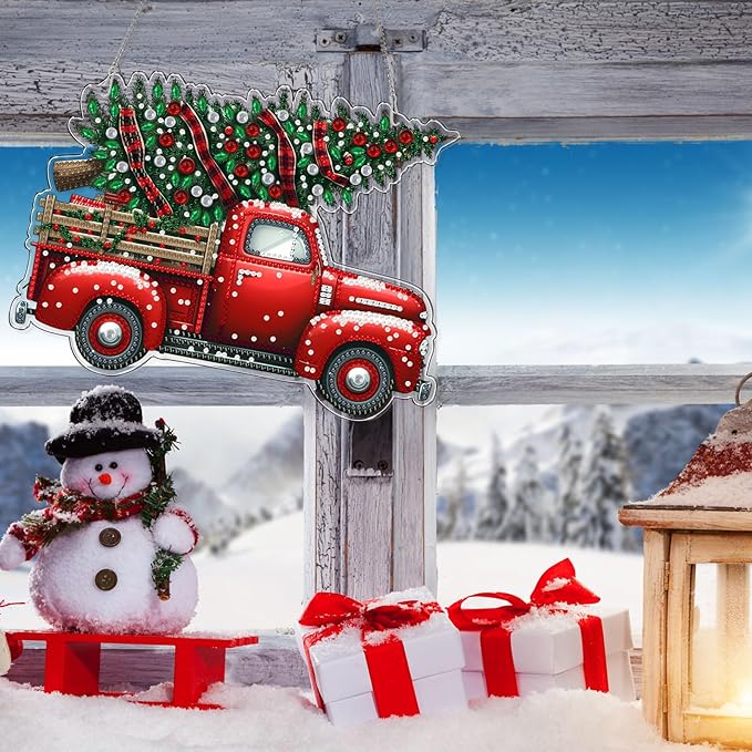 VODAPYC Christmas Diamond Art Hanging Kit for Adults, DIY Double Sided Special Shaped Diamonds Art Window Pendant Ornament for Home Decor(Red Truck)