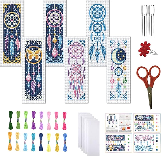 FREEBLOSS 6 Set Cross Stitch Bookmark Kits Dreamcatcher Pattern Stamped Embroidery Kit Stitch Bookmarks DIY Book Marks Printed Cross Stitch Kits with Instructions for Beginners Adults 8''x2.4''