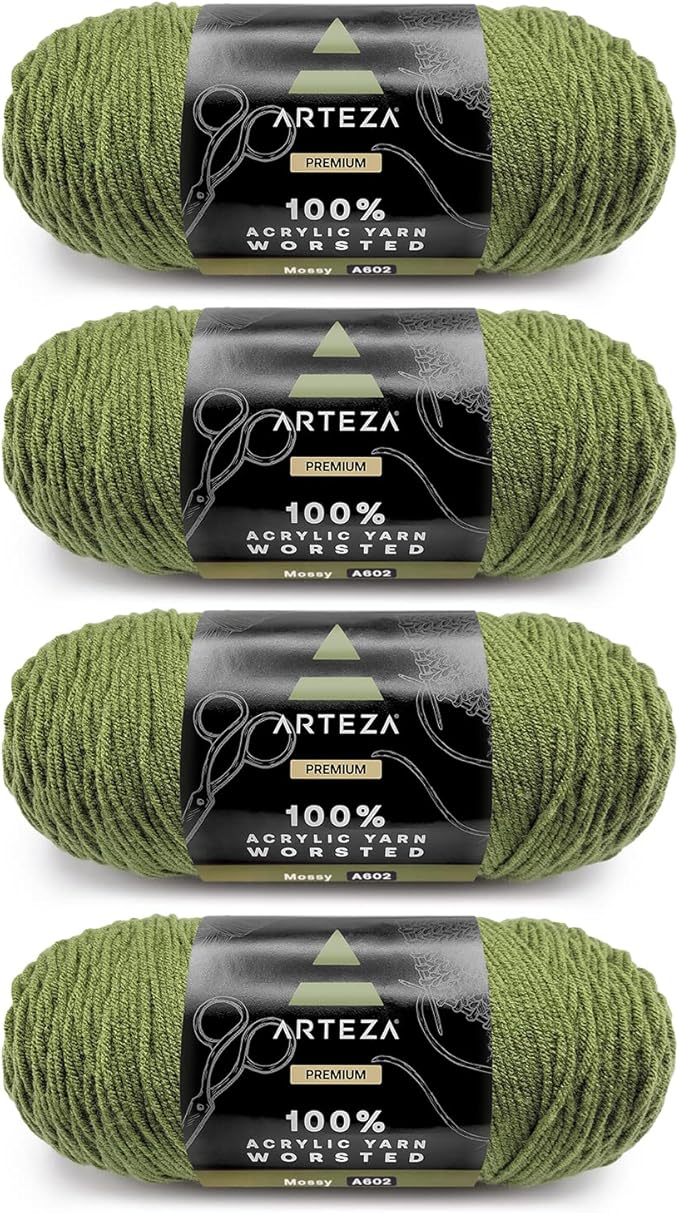 ARTEZA Acrylic Yarn for Crocheting, 4 x 200-g Skeins of Worsted Yarn for Knitting, Mossy A602, Knitting & Crochet Supplies