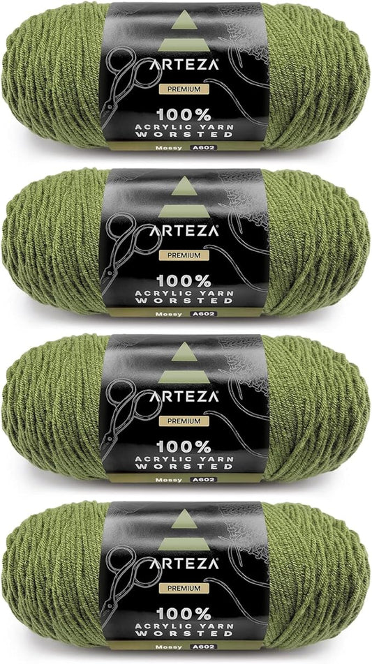 ARTEZA Acrylic Yarn for Crocheting, 4 x 200-g Skeins of Worsted Yarn for Knitting, Mossy A602, Knitting & Crochet Supplies