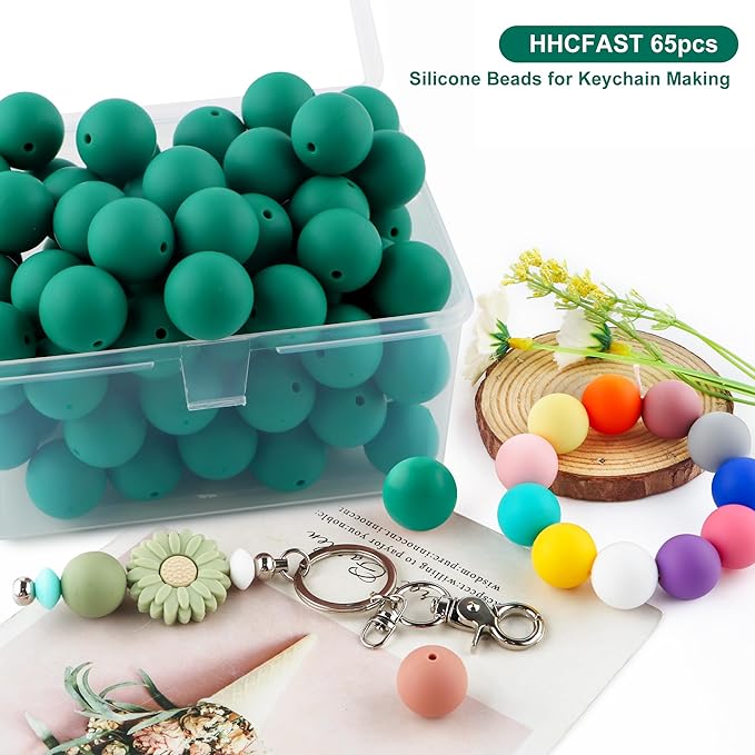 65Pcs 19mm Silicone Beads for Keychain Making Bracelet Necklace, Bulk Round Silicone Beads for Pens（Deep Green）