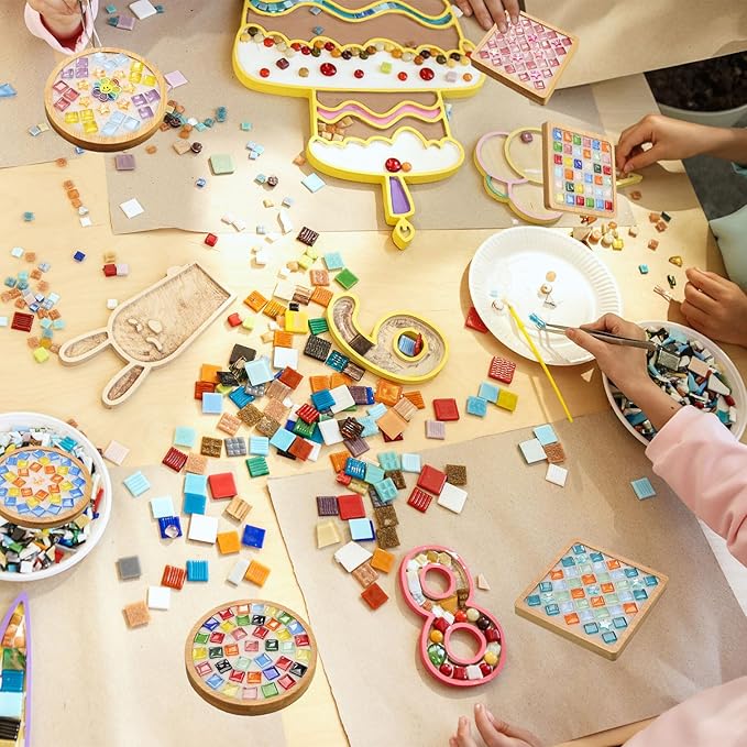 6 Sets DlY Mosaic Tiles for Crafts,Mixed Color Glass Mosaic Kits with Wooden Coaster for Adults,DlY Coasters Kit Mosaic Supplies for Handmade Home Decoration Gift (Round and Square)