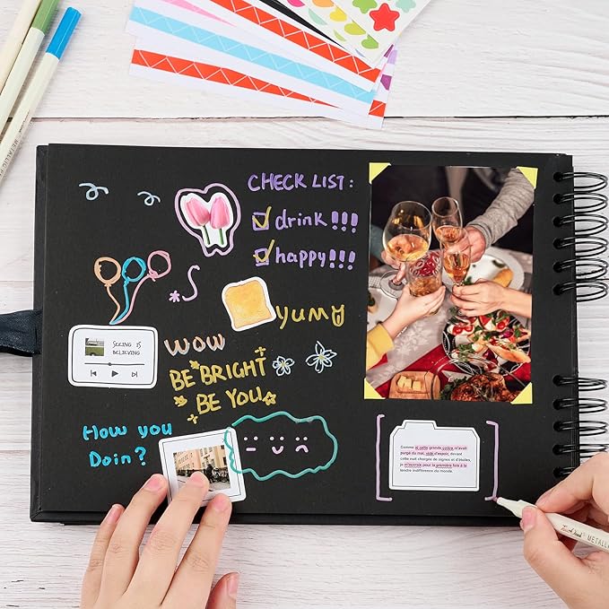 11.5 x 8.5 Inch Black Scrapbook Album, 80 Pages Photo Album with Black Pages, Kraft Paper Hardcover Memory Book with DIY Accessories Kit for Mother's Day Wedding Travel