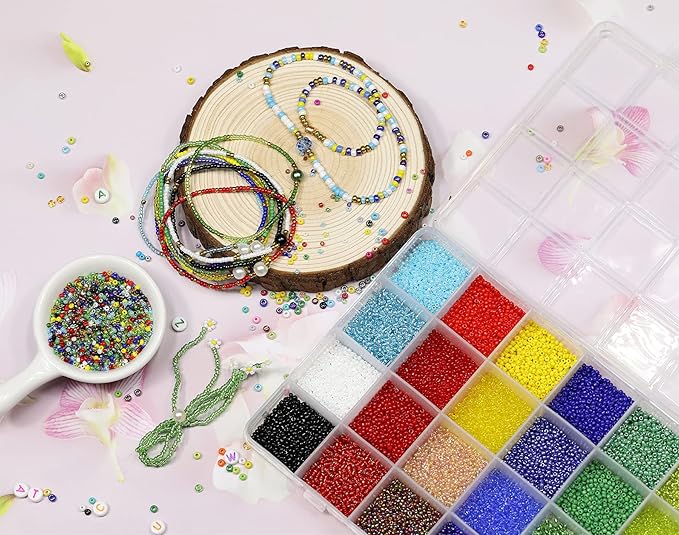 19600pcs 2mm Glass Seed Beads 24 Colors Small Beads Kit Bracelet Beads with 24-Grid Plastic Storage Box for Jewelry Making(24 Colors)
