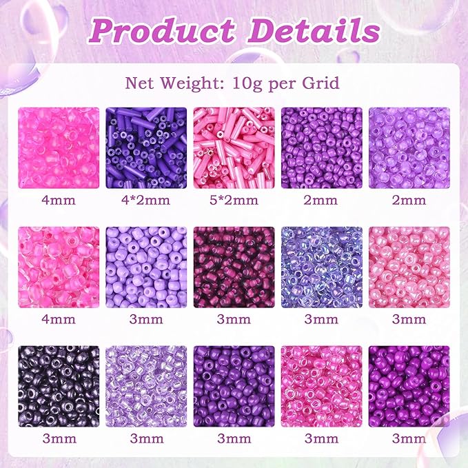 DUQGUHO Purple Beads for Jewelry Making 4mm Purple Glass Seed Beads Kit 15 Color 3mm 2mm Small Plastic Tube Bead for Bracelets Craft DIY