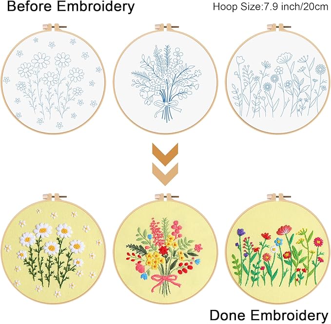 Louise Maelys 3 Sets Flowers Embroidery Kits for Beginners,Cross Stitch Kit for Adults,Starters DIY Needlepoint Including Daisy Florals Bouquet Pattern,Hoop,Instruction and Threads