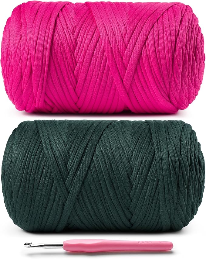 2 Pack Elastic Fabric T Shirt Yarn for Crocheting,Beginner Crochet Yarn with Polyester Spandex Blend,Total 800g/228yds Soft Tshirt Yarn for Crochet Crafts/Bags/Baskets(Rose+Dark Green)