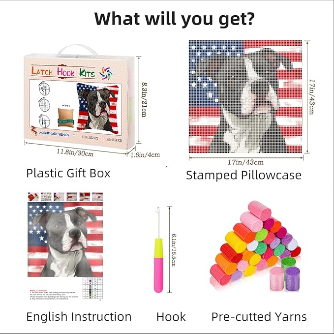 DIY Latch Hook Pillow Kits for Adults Cartoon Pitbull Dog with Flag Printed Pillowcase Crochet Yarns Hooking Handmade Pillow Cover Cushion for Home Sofa Decoration 17x17inch-1
