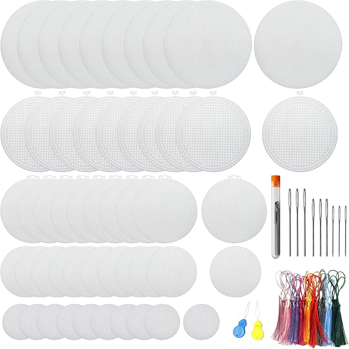 Allazone 58 PCS Mesh Plastic Canvas Sheets 5 Size Round Clear Plastic Canvas for DIY Crafts Embroidery Cross Stitch, Acrylic Yarn Crafting, Knit and Crochet Projects