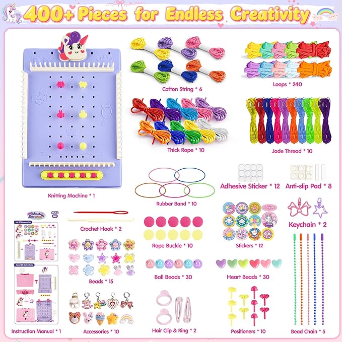 nicella multi-functional 400+ pcs friendship bracelet making kit for girls,weaving loom kit toys, craft kits for kids,age 6-12 year old girls gifts ideas, bracelet & coaster & bag weaving making kit
