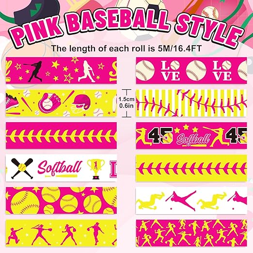 12 Rolls Softball Washi Tape Softball Birthday Party Decorations Sports Ball Masking Tape Set Pink Yellow Decorative Wrapping Paper Tapes for Scrapbook Journal DIY Art Crafts