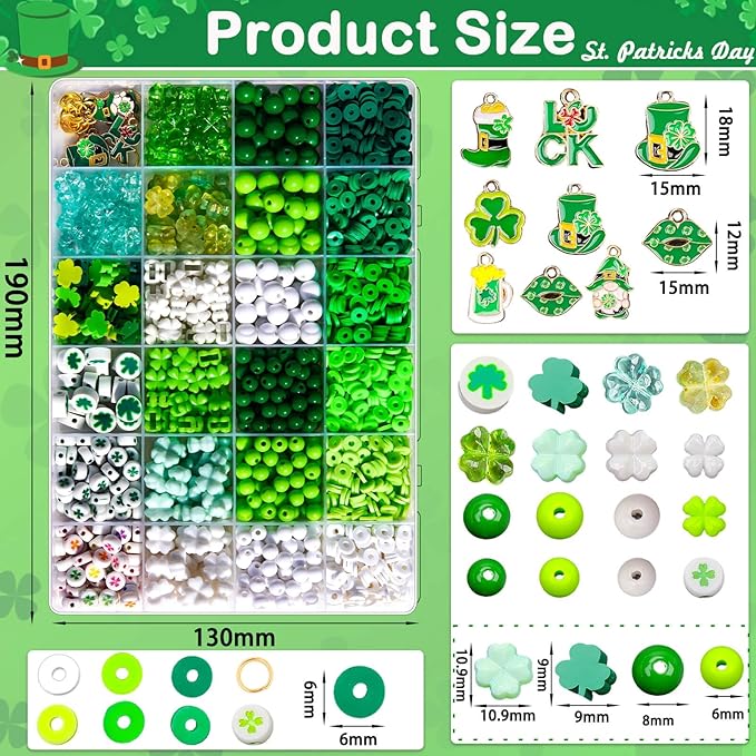 2050+Pcs St. Patricks Day Jewelry Making Kit – Irish Shamrock & Four Leaf Clover Charms Green Polymer Clay Heishi Acrylic Round Beads for DIY Bracelets Necklaces Earrings Craft - Party Favors & Gifts
