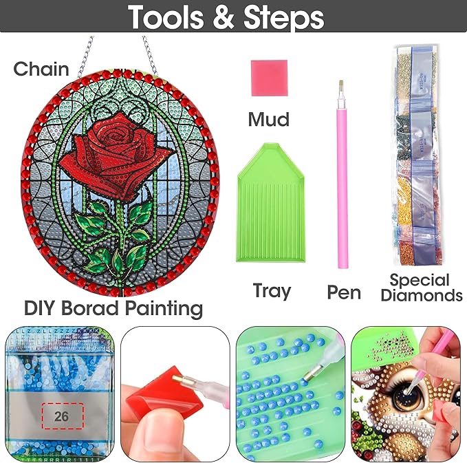 SKRYUIE Rose Hanging Diamond Art Kits for Adults Pendant Suncatcher, Special Shaped Crystal DIY Pearl Diamond Painting Kit, Gift for Mother Spring Summer Window Wreath Decor 7.95 x 7.01 Inch A8