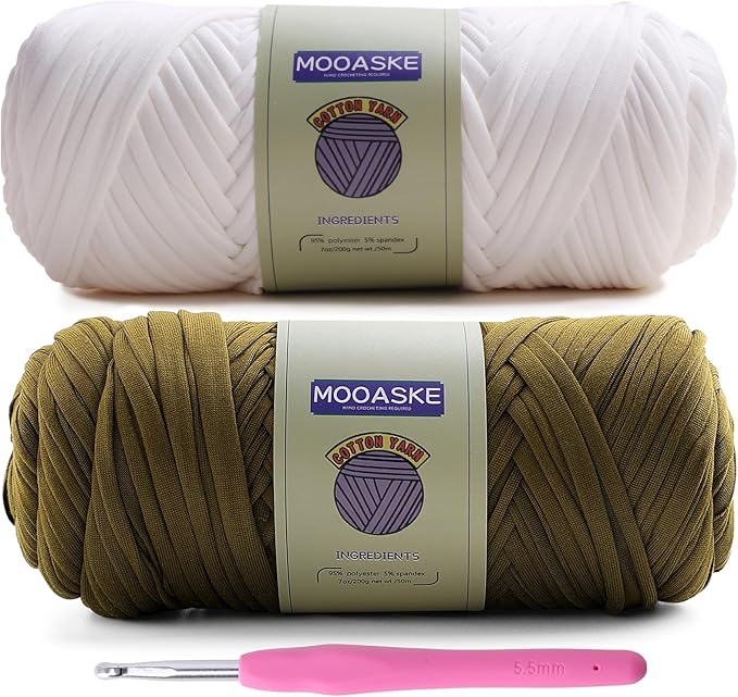 2 Pack T-Shirt Crochet Yarn for DIY Knitting Crochet Cloth Blanket Bag Dolls - 400g Chunky Thick Yarn for Crocheting with Polyester-Spandex Blend Elastic Fabric (White+Dark Green)