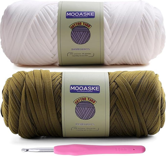 2 Pack T-Shirt Crochet Yarn for DIY Knitting Crochet Cloth Blanket Bag Dolls - 400g Chunky Thick Yarn for Crocheting with Polyester-Spandex Blend Elastic Fabric (White+Dark Green)
