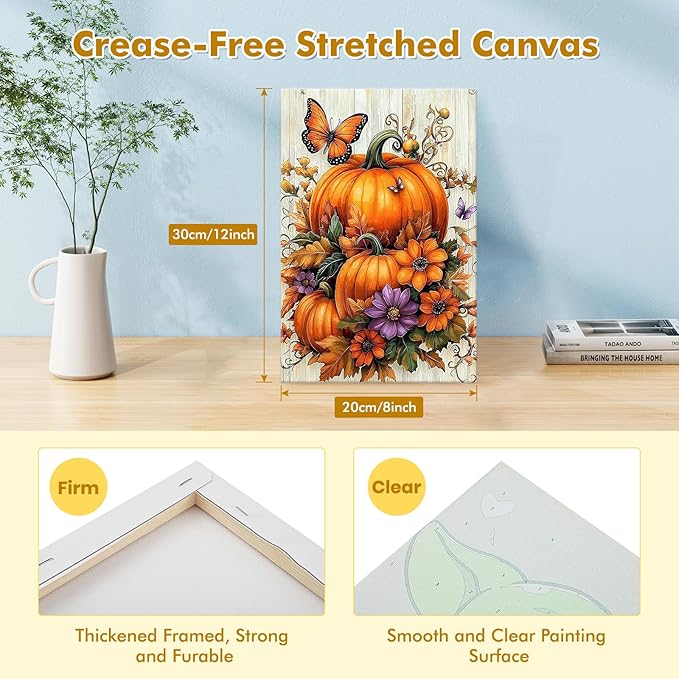 Bowetile Halloween Framed Paint by Numbers for Adults Beginners, Easy Adults' Paint-by-Number Pumpkin Kits on Canvas, Acrylic Fall Number Painting Crafts Kits Halloween Gifts for Home Decor, 8x12in
