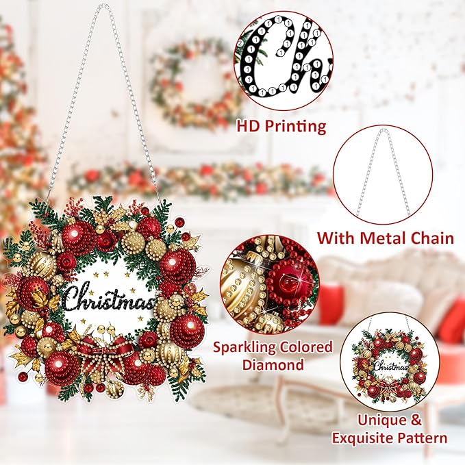 SENQAO Christmas Wreath Diamond Art Hanging Kits for Adults Beginners, DIY Acrylic 5D Special Shaped Crystal Diamond Gem Art Painting Hanging Ornament for Home Wall Decor and Gift