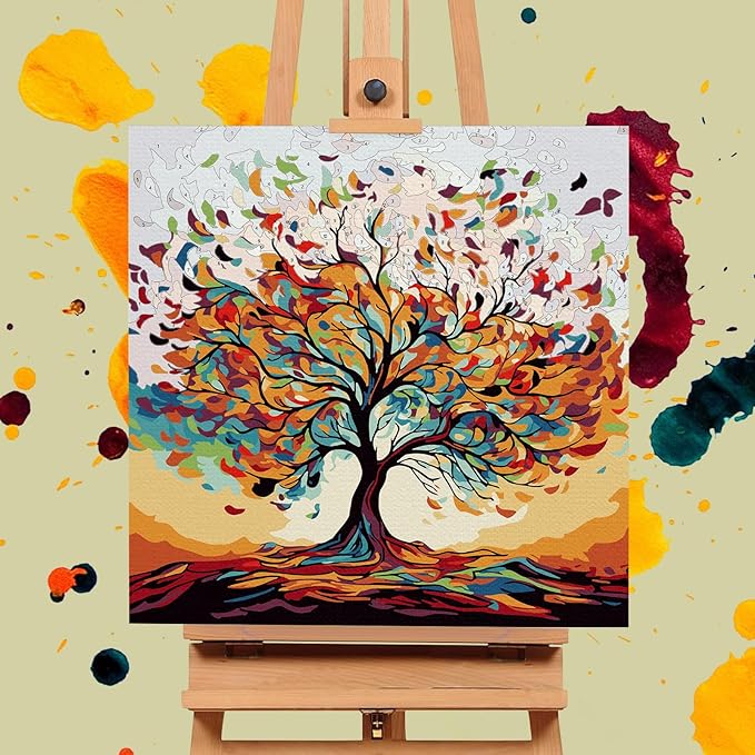 Framed Paint by Numbers Kit for Adults Beginners & Kids Ages 8-12, Tree of Life Acrylic Easy Paint by Number with Frame, Watercolor Paint by Number Kits on Canvas Framed (10 * 10 Inch, Without Easel)