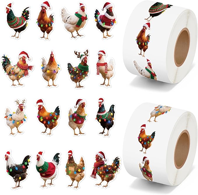 h1vojoxo christmas chicken sticker rolls - 1000pcs christmas chicken stickers in 2 rolls 16 designs funny xmas chickens realistic label tag seal sticker for kids craft envelopes xmas party supplies