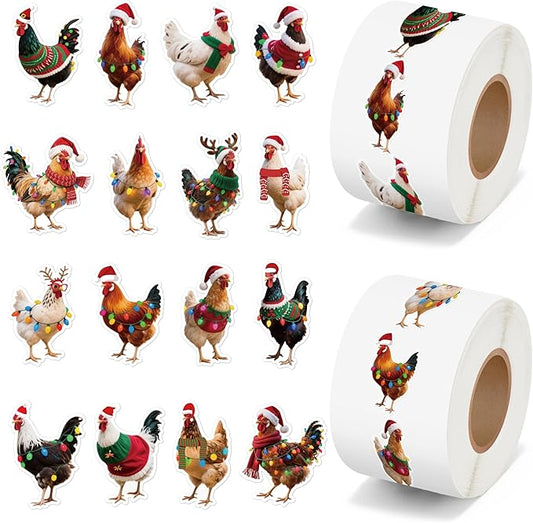 h1vojoxo christmas chicken sticker rolls - 1000pcs christmas chicken stickers in 2 rolls 16 designs funny xmas chickens realistic label tag seal sticker for kids craft envelopes xmas party supplies