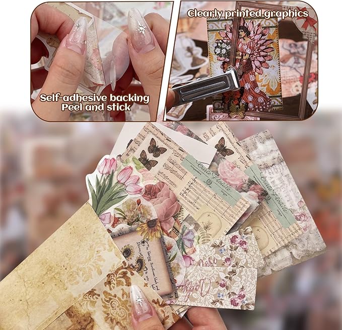200Pcs Vintage Scrapbook Paper Sticker Kit, Nature Flowrs Scrapbooking Decals for Junk Journal Supplies Card Making Stationery Album, Collage, Planner, Gift Wrapping Craft