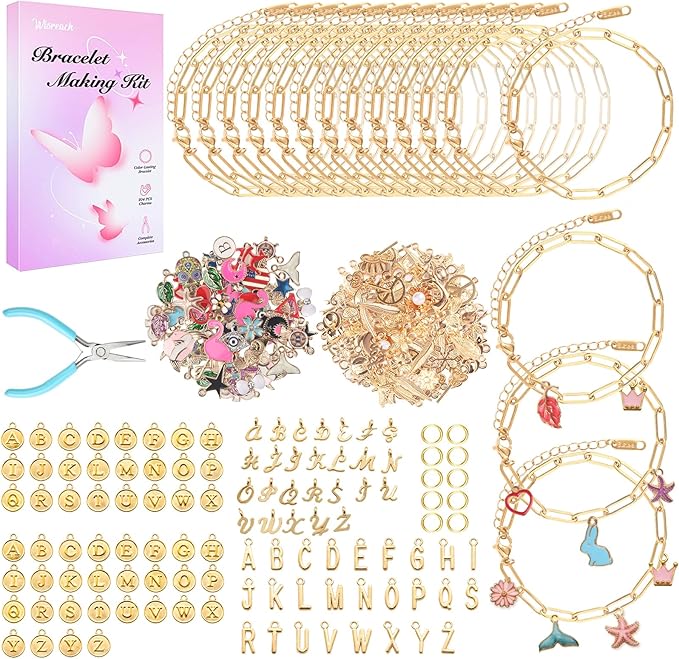 wisreach 417 pcs stainless steel gold charm bracelet making kit, diy jewelry making supplies with paperclip chain bracelets, charms & jump rings, starter craft kit, women & beginners