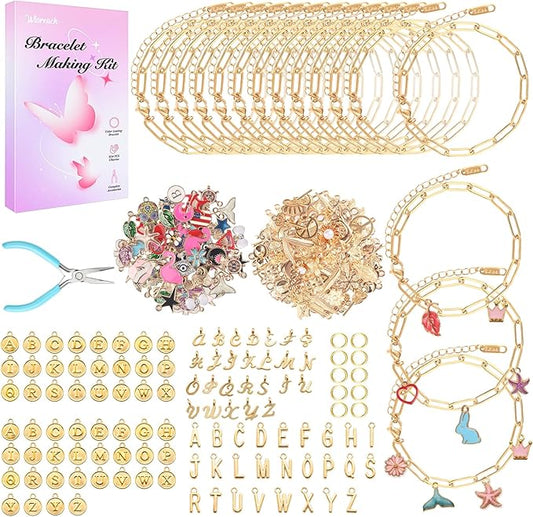 wisreach 417 pcs stainless steel gold charm bracelet making kit, diy jewelry making supplies with paperclip chain bracelets, charms & jump rings, starter craft kit, women & beginners
