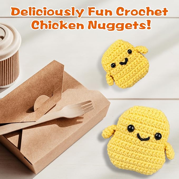 WaldyWop Crochet Kit for Beginners: 2 PCS Easy Complete Knitting Kit with Step by Step Video & Written Tutorials, Soft Yarns (Extra 40%), Hook - Birthday Gift Set for Women (Chicken Nuggets)