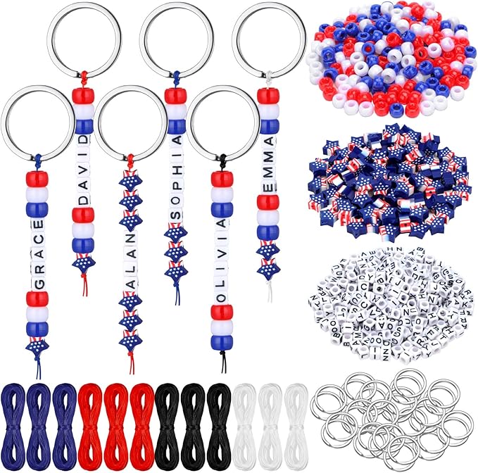 Landical 564 Pcs 4th of July Keychain Craft Kit DIY Patriotic Bead Keychain Making Supplies 250th Anniversary Key Gifts Name Beads Red Blue White Independence Day Memorial Day American Flag Favors