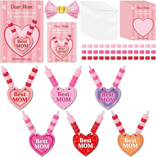 BeYumi Mom Necklace Craft Kit - 24Pcs DIY Mother's day Best Mom Wooden Heart Pendant Beads Necklace Making with Greeting Card Love Mother Make Your Own Gift for Kid School Classroom Family Party Favor