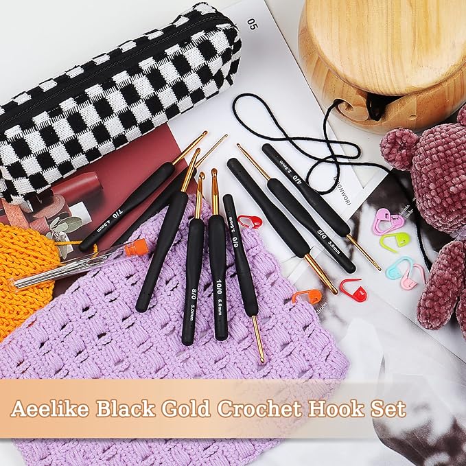 Aeelike 31pcs Crochet Hook Set, Black Gold Crochet Hooks Ergonomic with Grips for Arthritic Hands, Crochets Needles Set with Knitting & Crochet Supplies, Ideal Gift for Crocheting Beginner Lover