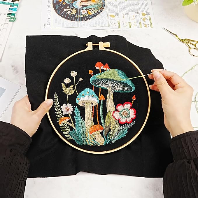 Mushroom Embroidery Kit for Beginners Adults, Stamped Hand Embroidery Kit, Embroidery Starter Kit with Floral and Mushroom Design, Cross Stitch Kits with Printed Embroidery Cloth and Embroidery Tools