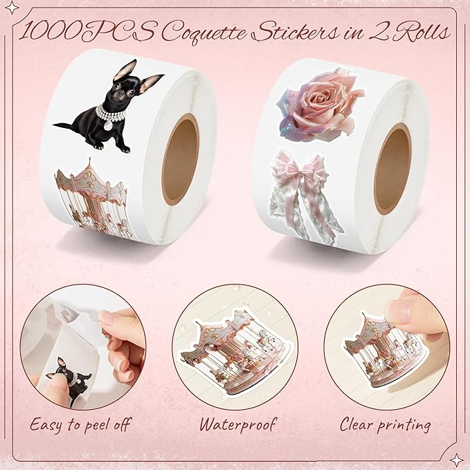 h1vojoxo vintage coquette aesthetic stickers - 1000pcs pink coquette stickers in 2 rolls waterproof vinyl girly realistic coquette decal for kids girls water bottle scrapbook laptop crafts giftwrap